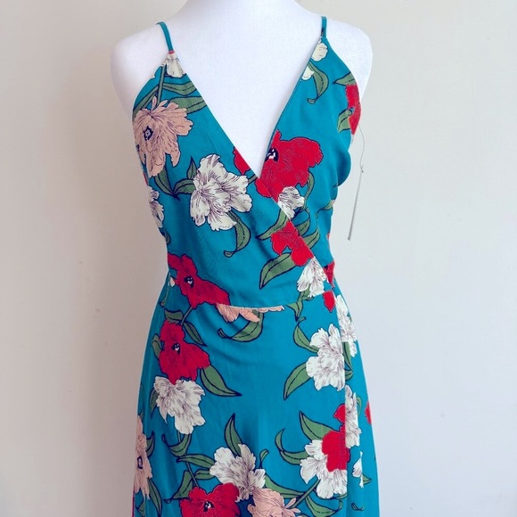 Lulus Country Club Teal Blue Floral Print Wrap Midi Dress Size S NWT - Picture 2 of 15